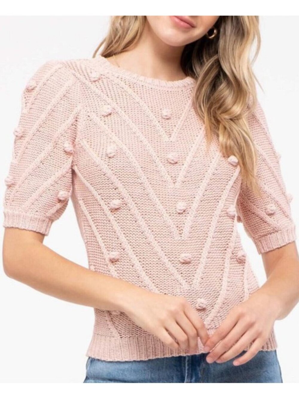 BLU PEPPER Short Sleeve Puff Shoulder Designer Pom-Pom Detail Knit Sweater Top M